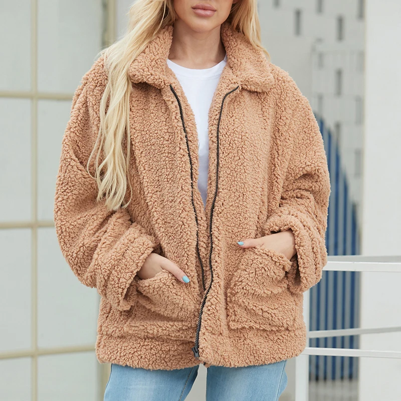 MoneRffi Women Thick Warm Fur Jacket Autumn Winter Zipper Lambswool Coat Turn-down Collar Pocket Casual Outerwear Camel Overcoat