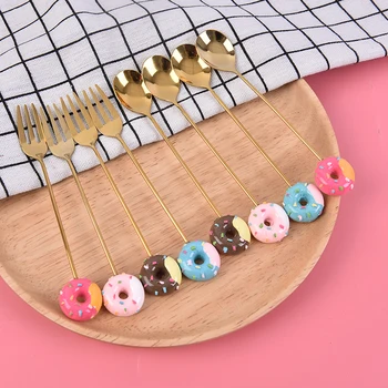 

1PC Stainless Steel Doughnut Spoon Fork Cake Coffee Dessert Tea Ice Cream Stirring Spoons Candy Cute Cartoon Teaspoon