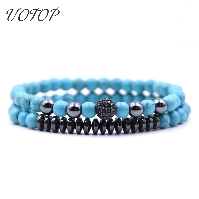 

UOTOP 2pcs/set Handmade Black Natural Hematite Stone Beads Bracelet Male Micro Pave CZ Crystal Bracelets for Men Yoga Jewelry