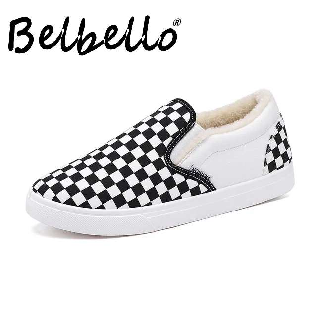 

Winter plus velvet canvas shoes male Korean version of wild black and white plaid a pedal set foot shoes trend board shoes