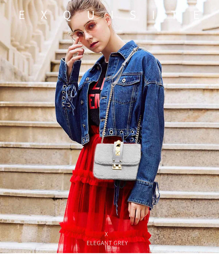 Winter Latest Wool PU Square Warm Fashion Rivet Chain Crossbody Female New Designers Messenger Bag for Women