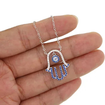 

Fine 925 sterling silver women wedding jewelry gift blue white cz Luck Hamsa Hand Fatima Palm Turkish evil eye Pendant Necklaces