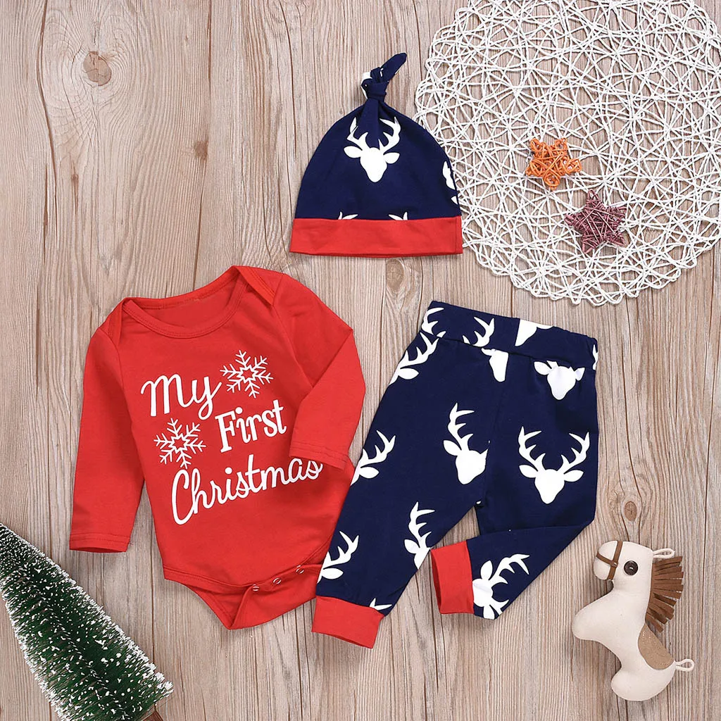 ARLONEET/Рождественский комплект из 3 предметов для маленьких мальчиков и девочек, комбинезон на год с надписью «Снежинка»+ штаны с оленями+ шапка, рождественские наряды, костюм Санты, CO08