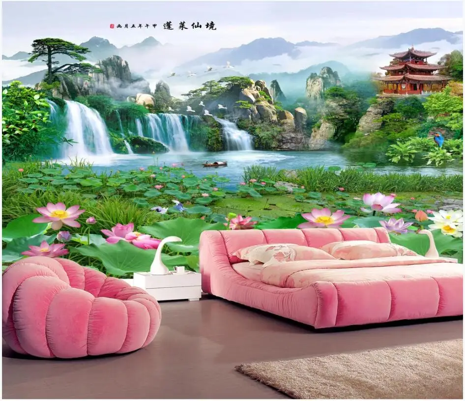 3d壁の壁画壁紙リビングルーム中国のスタイル山湖滝蓮の家の装飾の写真の壁紙壁3 D 壁紙 Aliexpress