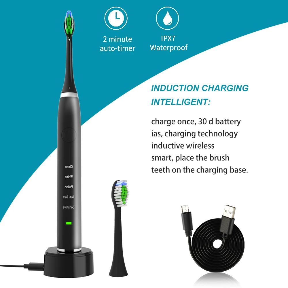 Genkent Sonic Electric Toothbrush IPX7 Waterproof Cordless Rechargeable Toothbrush with 2 Replacement Brush Heads Black White Genkent Sonic Electric Toothbrush IPX7 Waterproof Cordless Rechargeable Toothbrush with 2 Replacement Brush Heads Black White