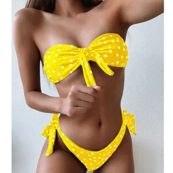 

2020 Sexy Dot Bow Bikinis Women Swimsuit Girls Bikini Set Tie Swimwear Bathing Suit Yellow Beachwear Swimming Suits For Female