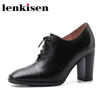 

Lenkisen 2020 sheep leather bowtie brown fashion lady party handmade square toe super high heels metal lace up noble pumps L61