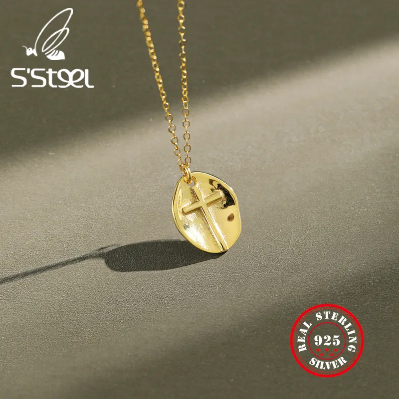 

S'STEEL Cross Round Pendant Necklace 925 Sterling Silver Necklaces For Women Simple Gold Chain Collier Bijoux Femme Fine Jewelry