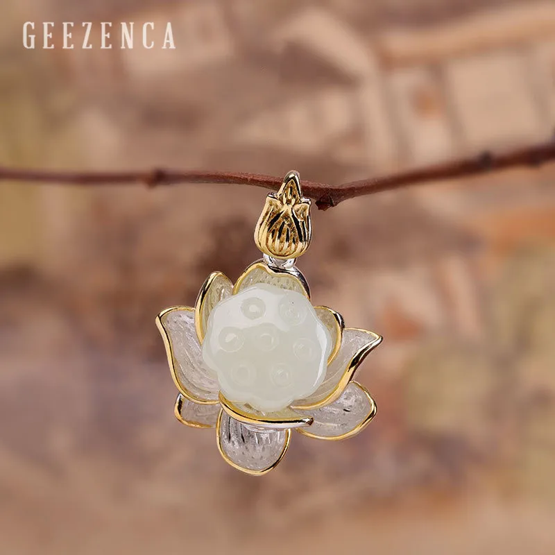 only pendant 925 пробы Серебряный Драгоценный Камень Хотан нефрит комплект ювелирных изделий подвески серьги кольцо ручной работы цветок лотоса бутон ювелирные изделия для женщин Винтаж - Цвет камня: only pendant
