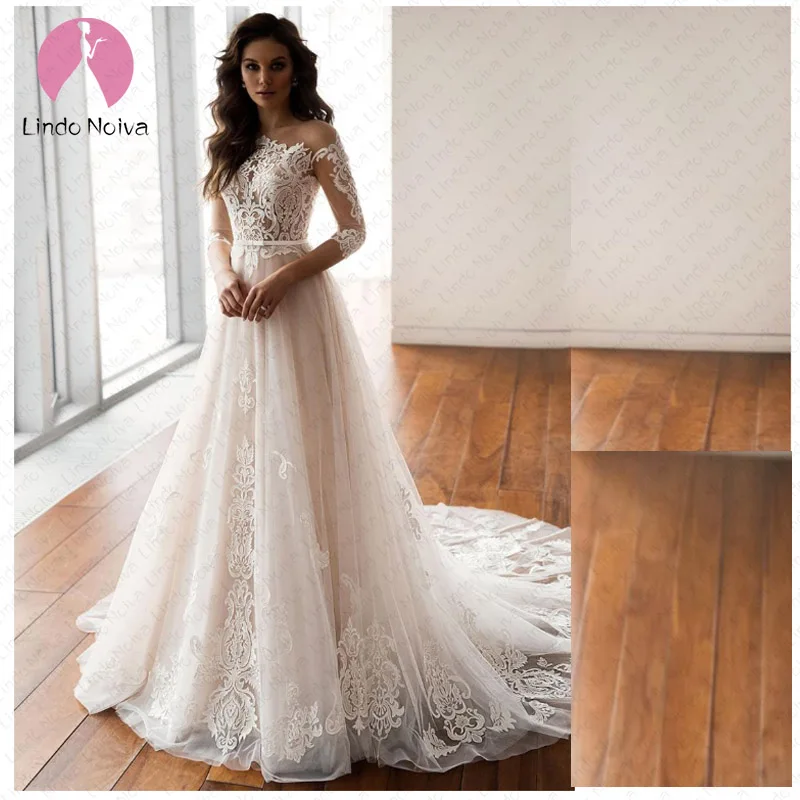 

Cheap Vestidos de novia Custom Made Long sleeves Scoop Lace A Line Wedding Dress 2019 Boho Long Train Wedding Gowns