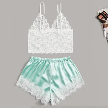 

MUYOGRT Women Sleep Wear Sexy Lingerie Satin Lace V-Neck Camisole Shorts Set Sleepwear Pijamas Women Sexy Sleeping Clothes 2020