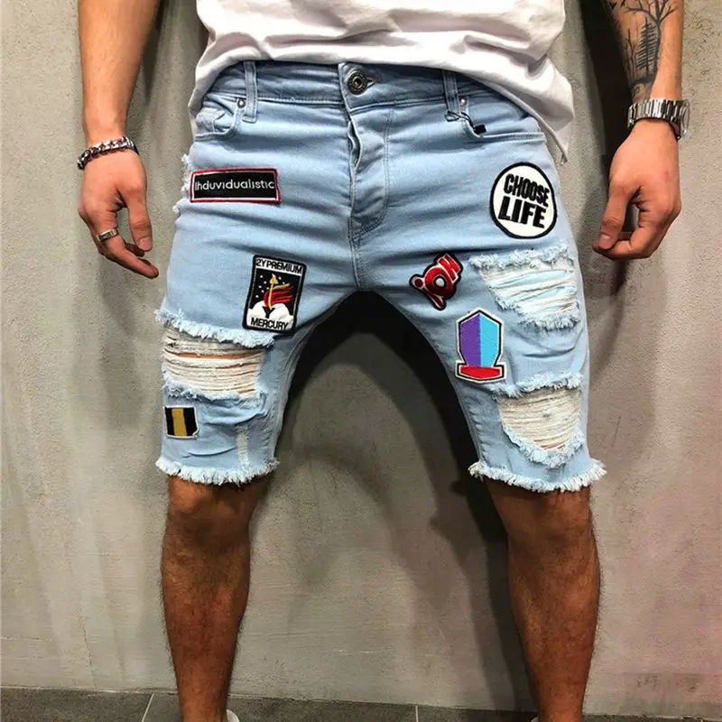 Men Stretchy Ripped Skinny Biker Embroidery Print Jeans 2021 New Style Destroyed Hole Taped Slim Fit High Quality Denim Shorts maamgic sweat shorts