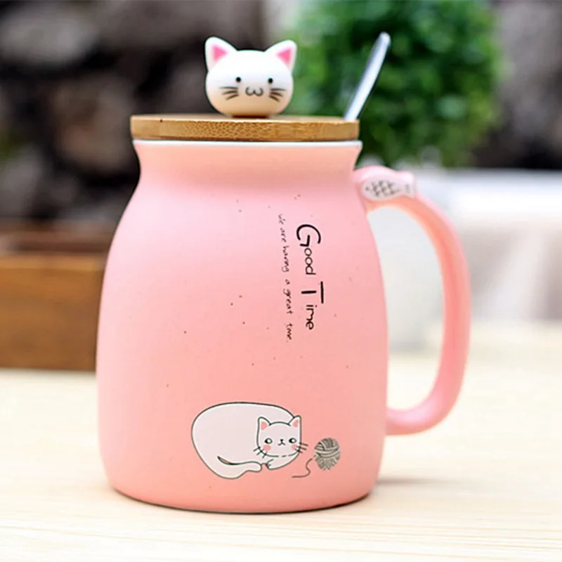 Новая термостойкая чашка с изображением кунжута кота, цветная мультяшная чашка с крышкой, керамическая кружка с изображением котенка, молока, кофе, детская чашка, офисные подарки - Цвет: Pink