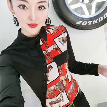 

European style horse print shirts women vintage print satin shirts femme office work print tops
