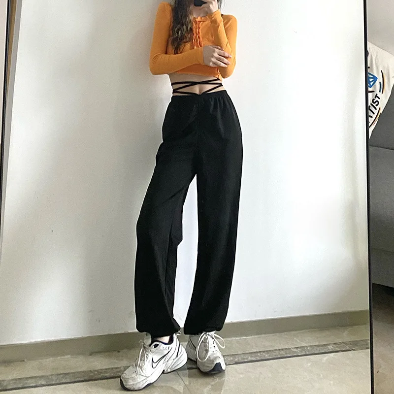 

Design Drawstring High Waist With Straps Loose Tappered Foreign Trade Casual Pants For Women 2021 Spring New Women Fashion