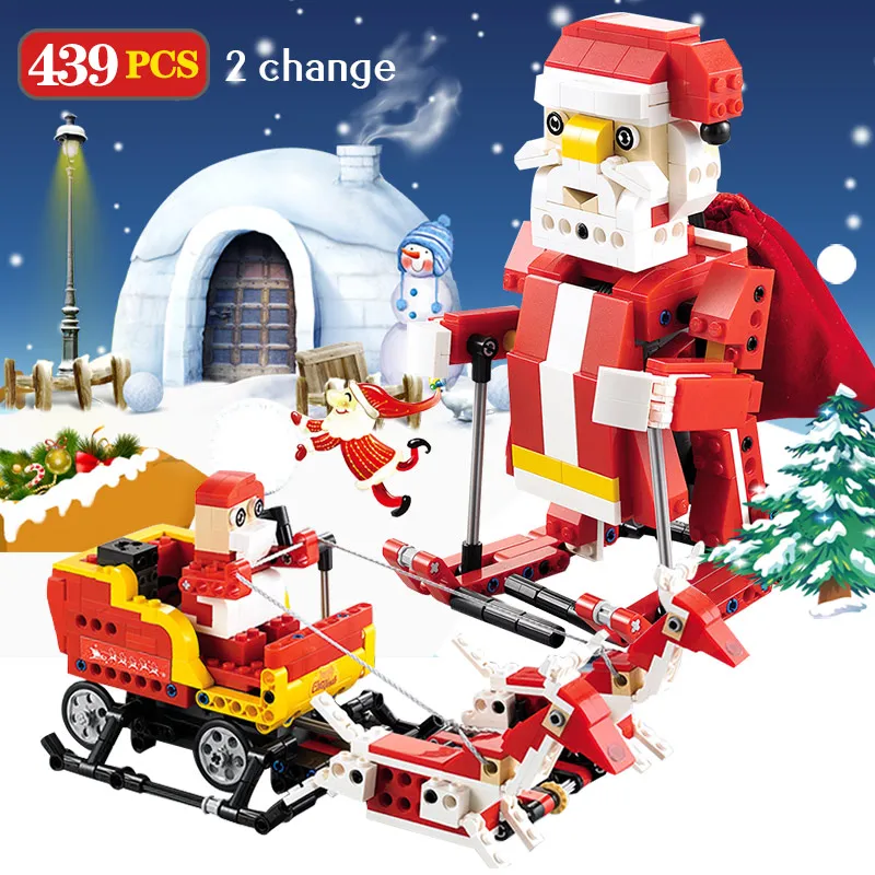

2 IN 1 439Pcs Santa Claus Snowmoble Model Building Block Legoing Technic Sound Induction Light Bricks Christmas Gifts Kids Toys