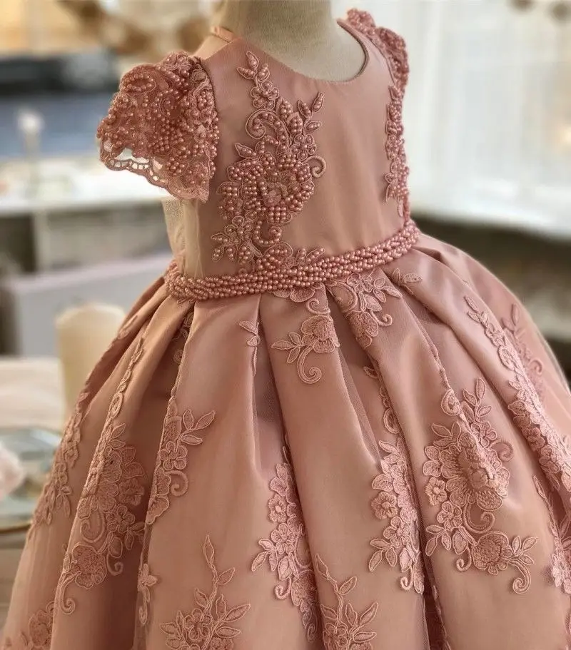 Photo Color Розовые вечерние платья с цветочным рисунком для девочек, vestido daminha пояс с жемчугом, бантом, рукавами-крылышками, платье с цветочным узором для девочек кружевное платье для первого причастия - Цвет: Photo Color