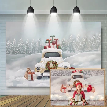 

Christmas Backdrop Snowfield White Car Snowflake Photography Background Christmas tree Girl Children Birthday Party Decor Banner