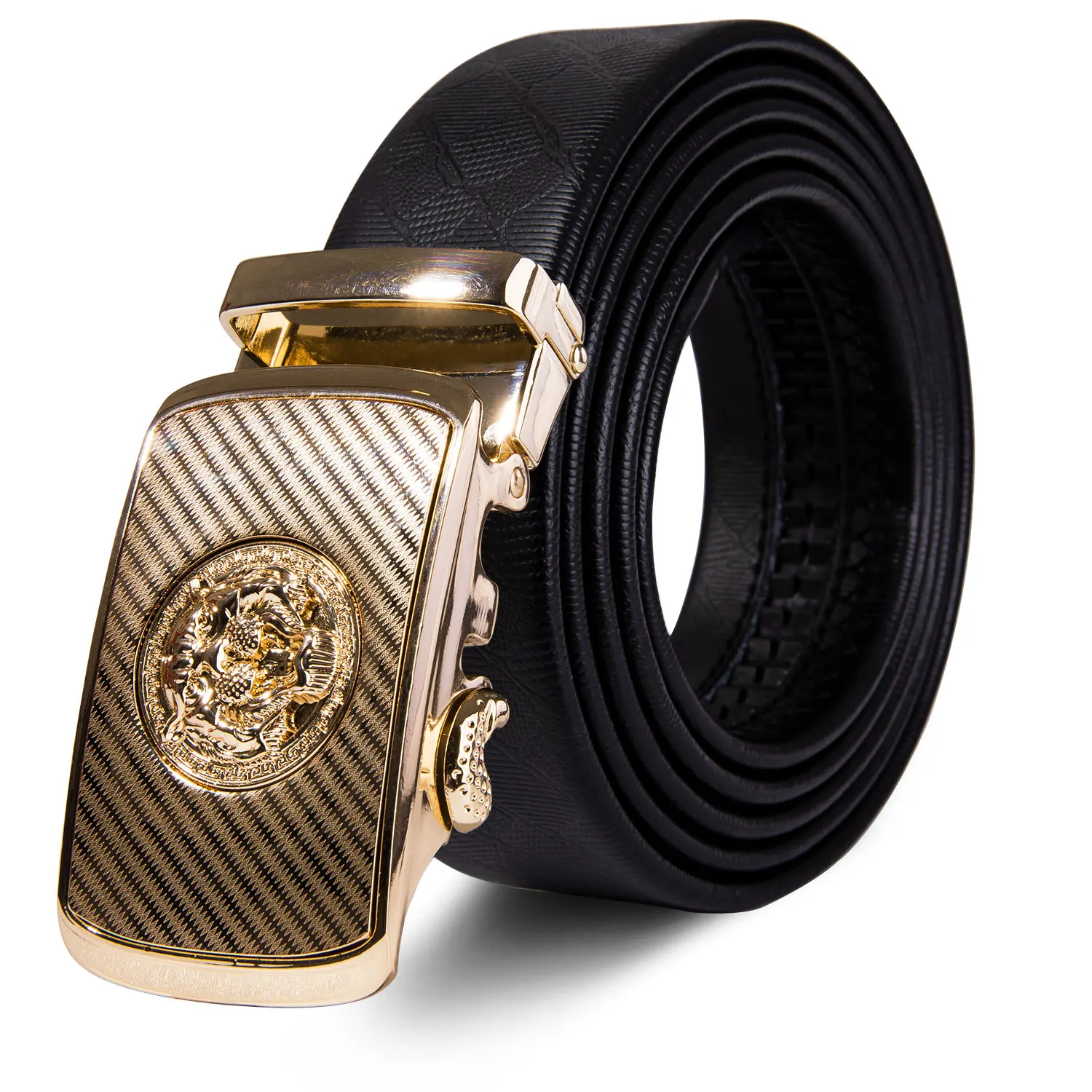 3-D Print Gold Buckle Belt for Men Cowhide Belt Tiger Automatic Ratchet Buckle Waist Strap Black No Holes Gift for Jeans Pants
