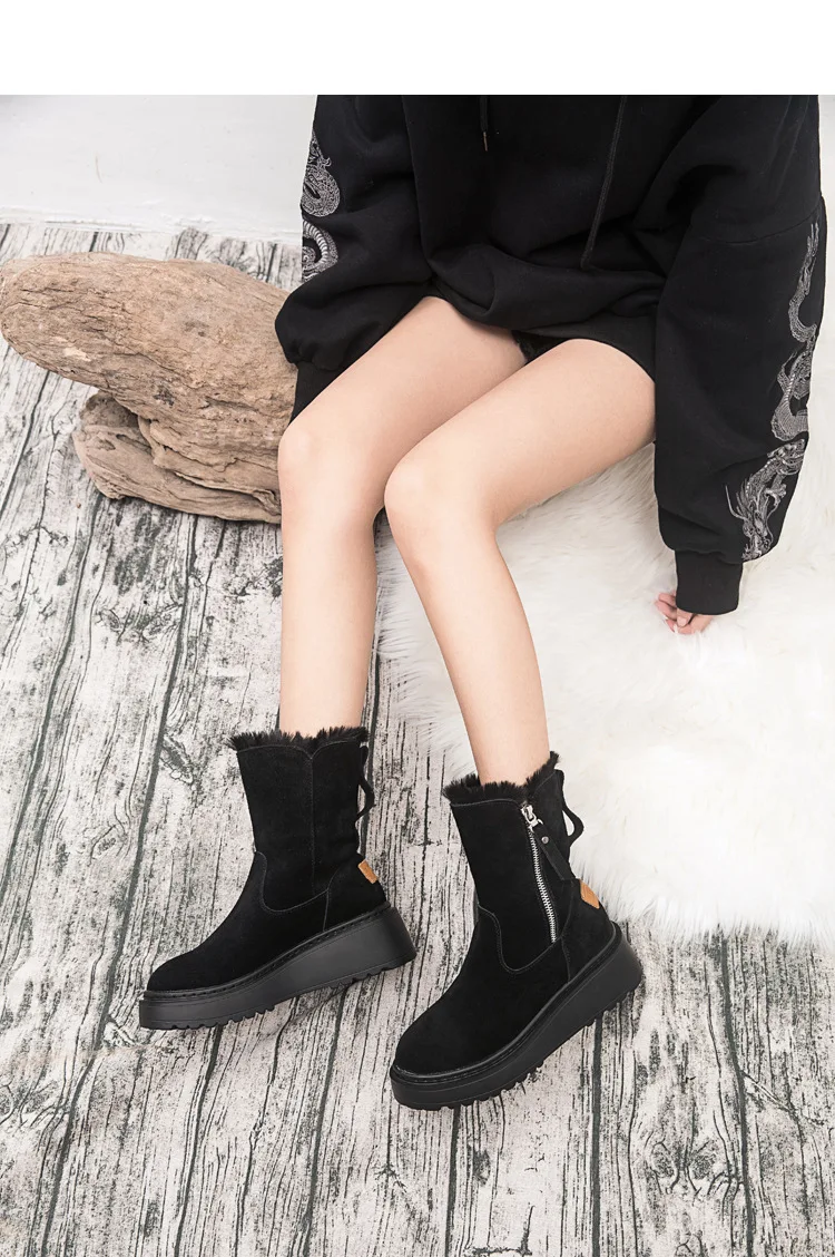 Кожаные теплые женские ботинки в Корейском стиле; сезон осень-зима; Новые повседневные зимние ботинки на плоской подошве с рифленой подошвой; женская обувь