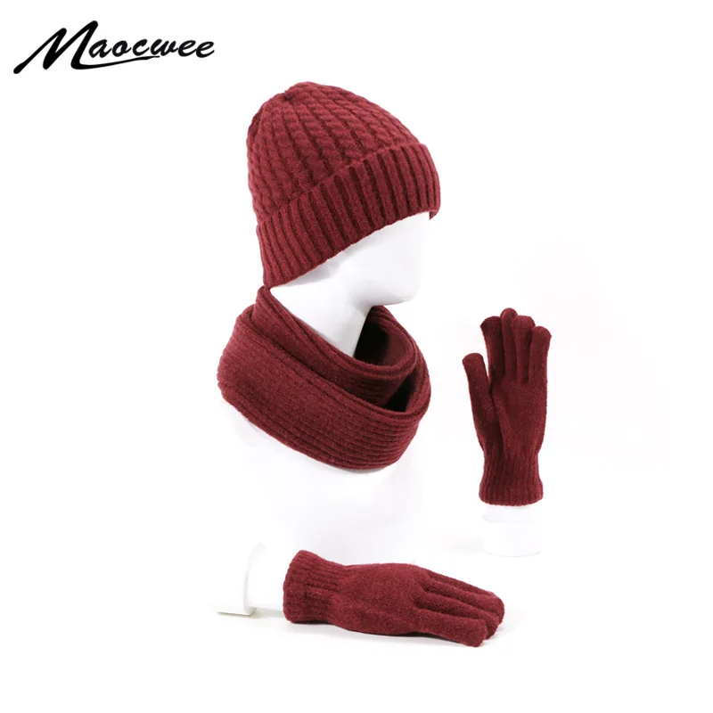 Зимняя шапочка-шарф, комплект перчаток унисекс, однотонный вязаный теплый шапочки, хомут для шеи, шарф, перчатки, набор для женщин и мужчин