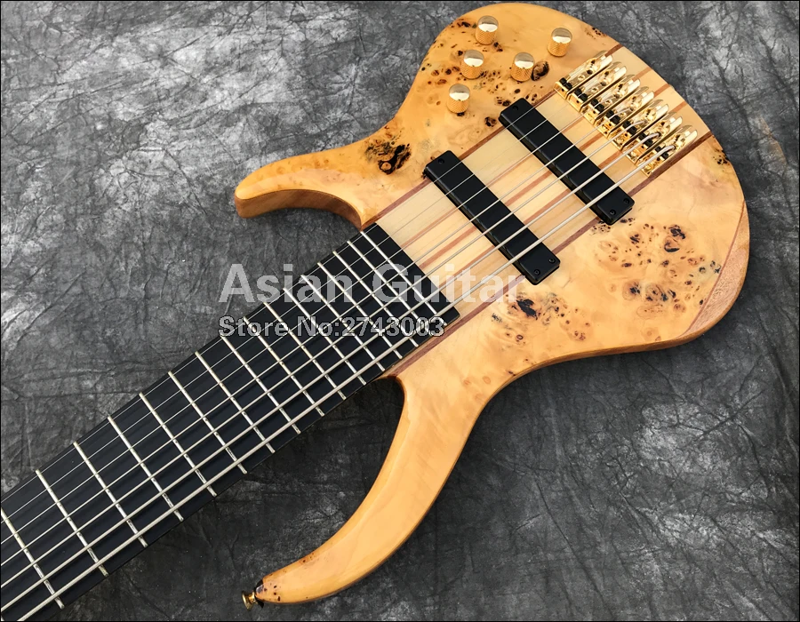 Вымершие 7 струн электрический бас, 11 шт. через шею, твердые Spalted кленовый заусенец, гриф из черного дерева, активные звукосниматели, реальные фото показывает
