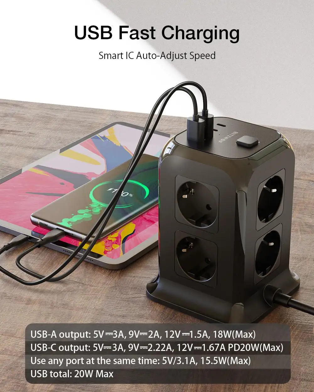 BlitzWolf BW-PC3 2500W 8-Port Power Strip Socket description image 3
