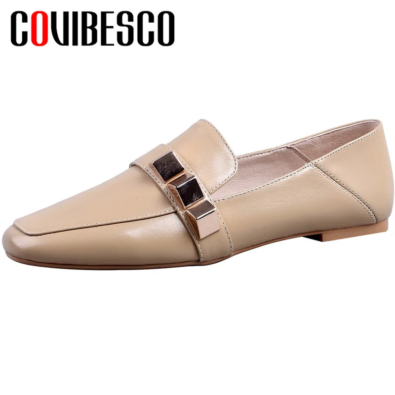 

COVIBESCO New Arrival Platforms Shoes Cow Leather Spring Autumn Casual Shallow Metal Decoration Square Toe Shoes Woman