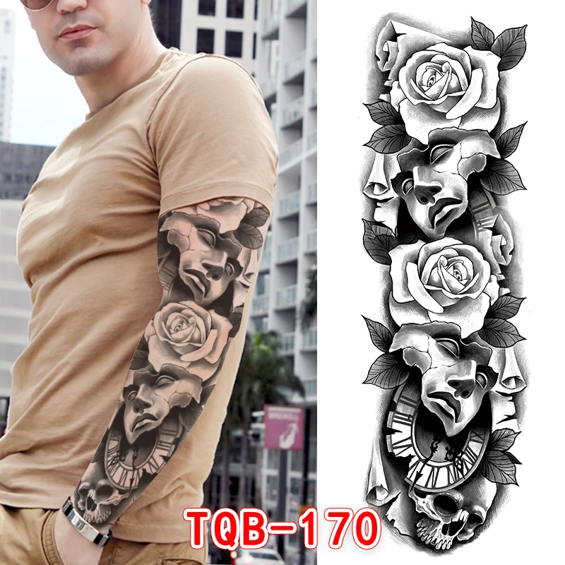 

Большой рукав с татуировкой, Корона Льва, король, роза, водостойкая наклейка, волк, тигр, 48*17 см, рукав на всю руку, тату для мужчин
