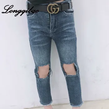 

Baby Girl Fashion Slim Stretch Denim Cropped Pants 2019 Autumn New Children's Hole Pants Pants Pants Kids Pants Cotton