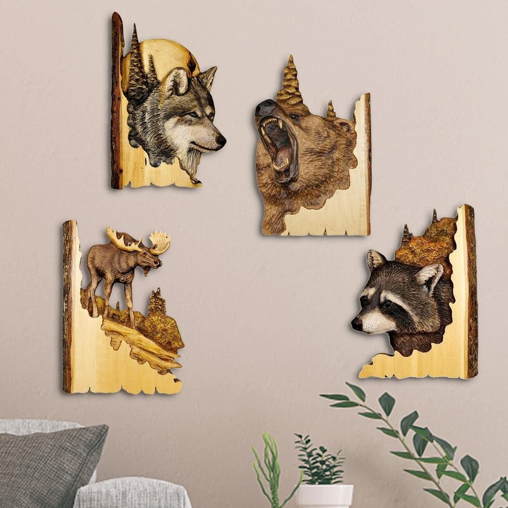 Creative Animal Wall Decor Cabin Ornaments Wooden Animal Carving Handcraft  Bear Deer Wall Hangings Pendant For Home Decorations - Statues & Sculptures  - AliExpress