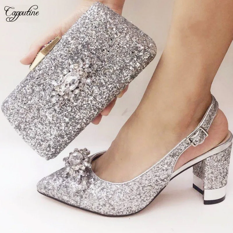 

Charming Silver Evening Party Spring/Autumn Desgin Pointed Toe Shoes And Purse Bag Set 073-6 Heel Height 8CM