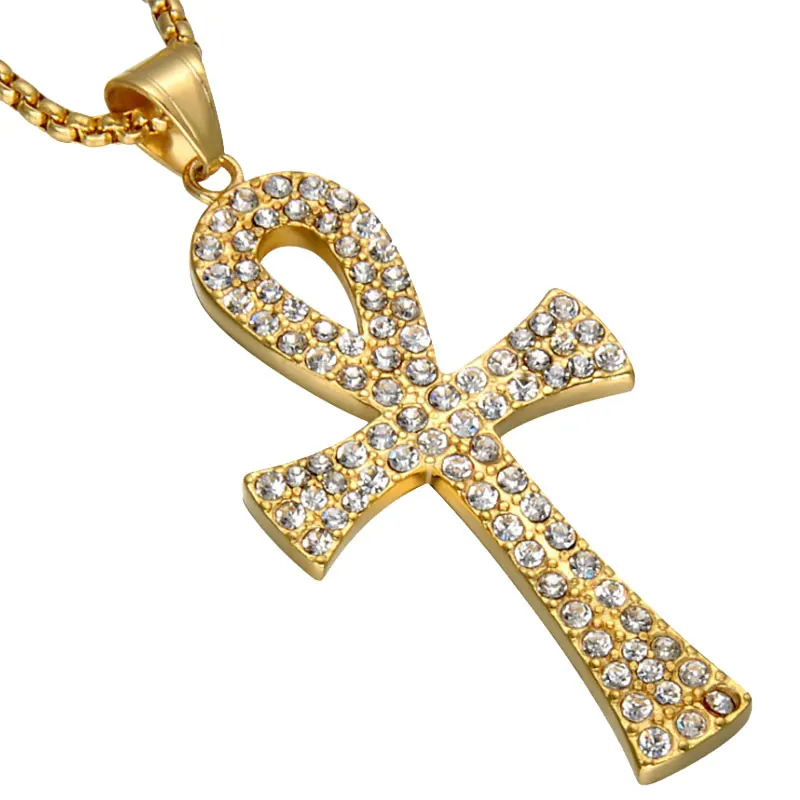

Crystal Ankh Cross Necklace Pendant Men Gold Stainless Steel Key of Life Egyptian Hieroglyph Necklace Rock Hip Hop Jewelry