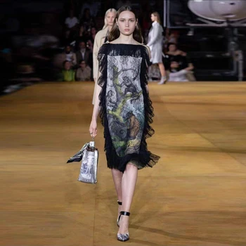 

Vintage Midi Dress Black Lace Print Ruffled 2020 Spring And Summer New High Quality Women'S Designer Sexy Party Loose Dress