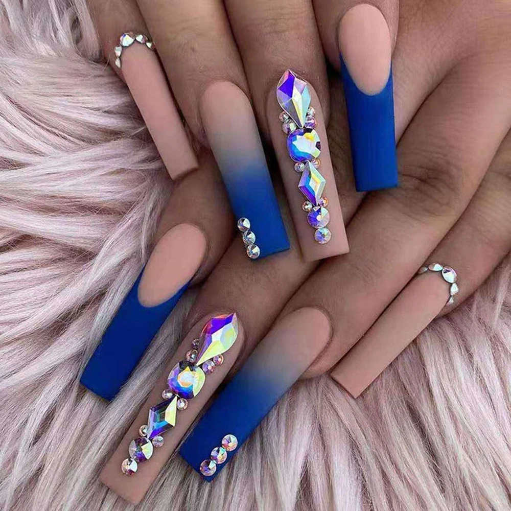 24pcs/box Matte Ballerina False Nail Tips Press On Nails Dark Blue Coffin  Fake Nail With Rhinestone Design Full Cover Nail Patch - False Nails -  AliExpress