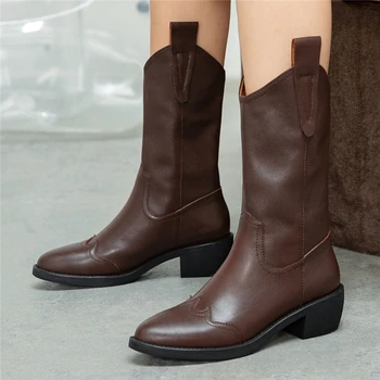 

Genuine Leather Women Boots Western Cowboy Booties Chunky High Heel Casual Vintage Shoes Ladies Quality Shoes Female Botas Mujer