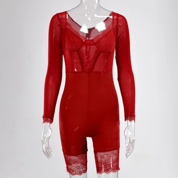 

2020 Summer Bodycon Jumpsuit Women Long Sleeve Mesh Lace Rompers Shorts Jumpsuits Body Woman Celebrity Party Playsuits Overalls