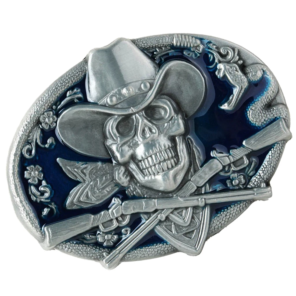 Gothic Skeleton Ghost Head Halloween Hip Hop Cowboy Biker Belt Buckle Blue