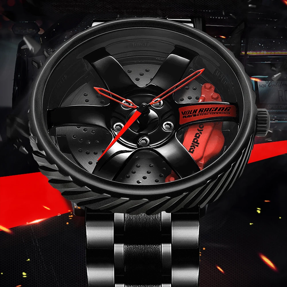 3D Hollow Pattern Men Stainless Steel Watches Racing Auto Car Wheel Watch Men Wristwatch Clock Sport Creative Design Wristwatch