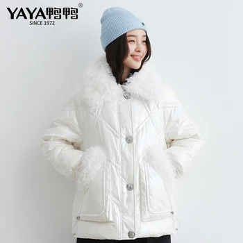 

YAYA 2020 Winter European Style Lady 90% White Duck Down Jacket Women Big Pocket Solid Grey White Plus Size Coat
