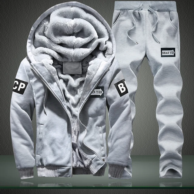 New Fleece Men Set Fashion Brand Tracksuit Lined Thick Sweatshirt + Pants Sportswear Suit Male Winter Warm Hooded Outerwear Suit 5