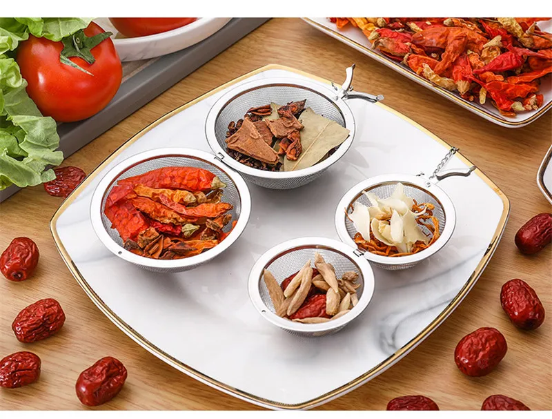 Description Picture 3 of item3 Size Stainless Steel Tea Ball Strainer Tea Infuser Sphere Locking Spice Tea Mesh Infuser Tea Filter Strainers Kitchen Tools