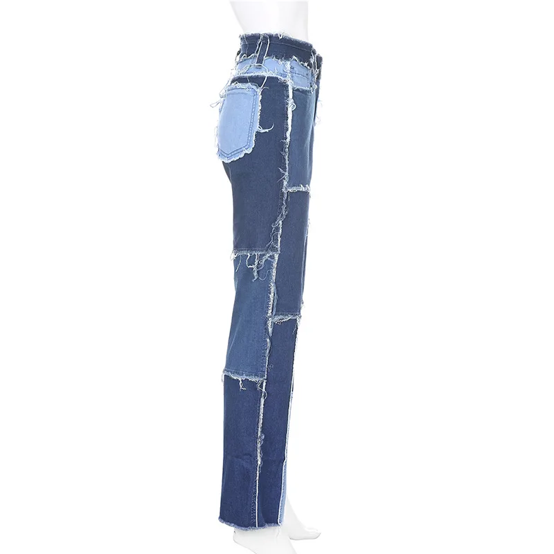 SIDDONS Jeans For Women Fashion Patchwork Jeans Baggy Pants Women Streetwear Cargo Pants High Waisted Denim Straight Trousers