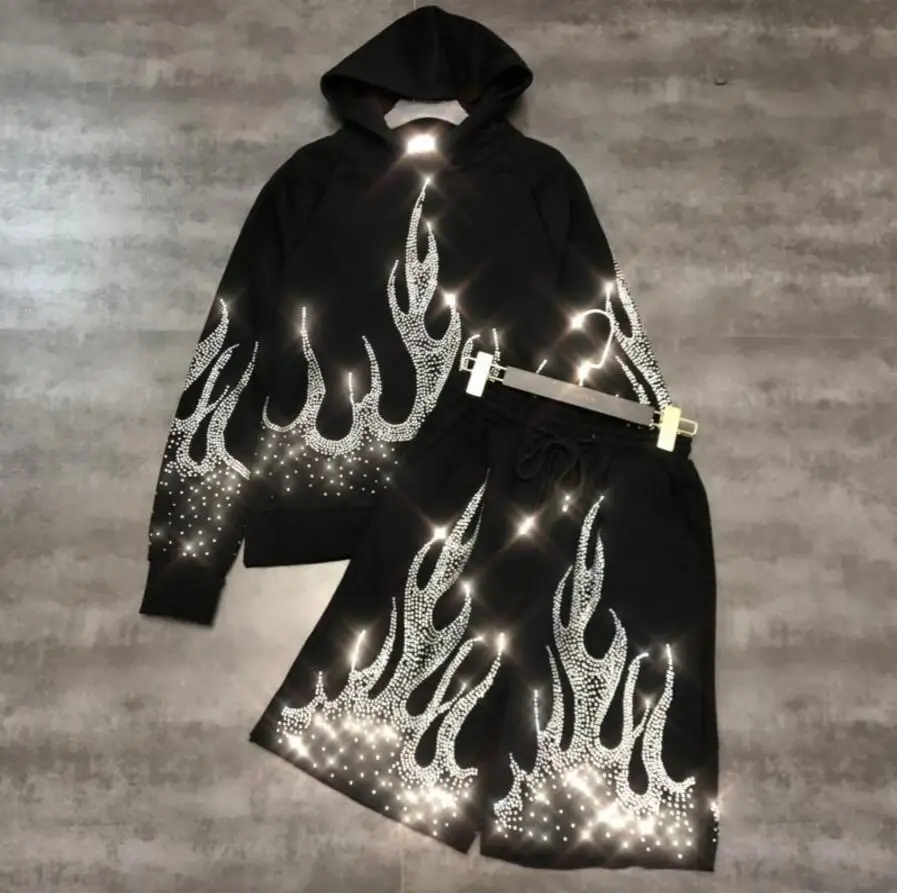 New Fashion Autumn Water-drill Flame Hooded Coat Loose Hoodies + Drawstring Hot-drill Shorts Two Piece Female Leisure Sport Suit | Женская