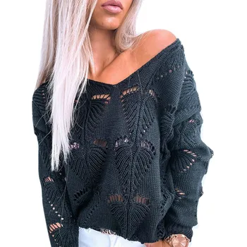 

Women Casual Sweaters V-neck Hollow Simple Casual Long Sleeve Pullover Female Sweater