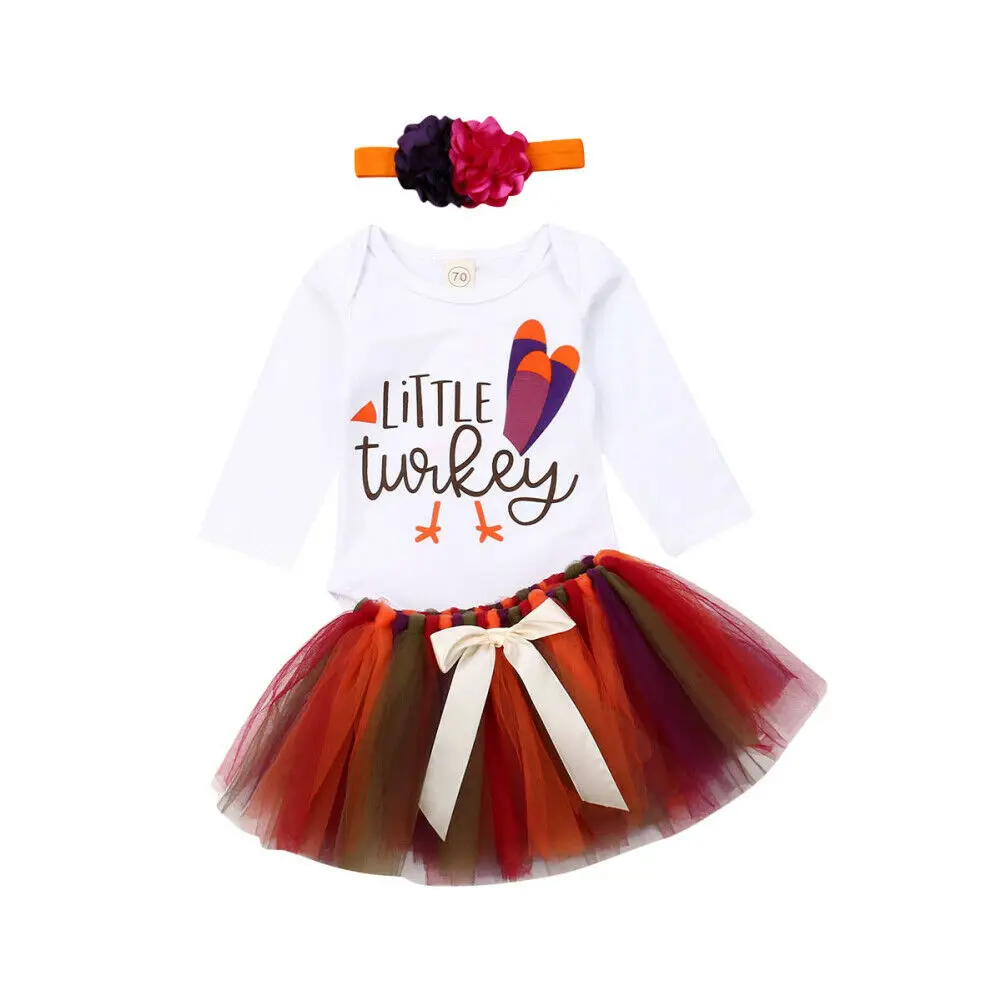 US Turkey Thanksgiving Day Clothes Baby Girl Romper Tulle Skirt Headband Clothes Outfit Set0-12 months - Цвет: Белый