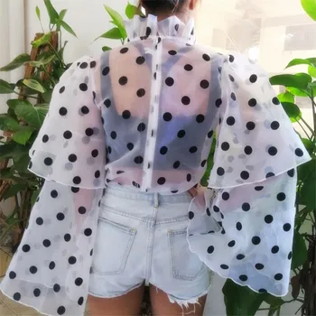 

Women Polka Dot Ruffles Flare Sleeves Blouses Bow Thin See Through Shirts