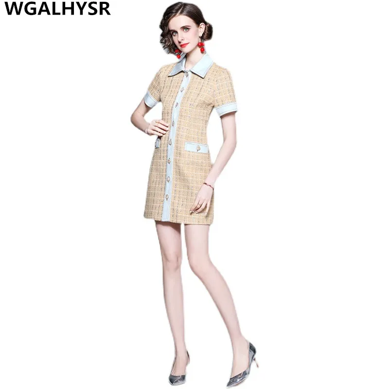 

2023 New Western Style Small Sweet Wind Weave Tweed Plaid Dresses Cowboy Splicing Female A Line Short Sleeves Dress With Denim