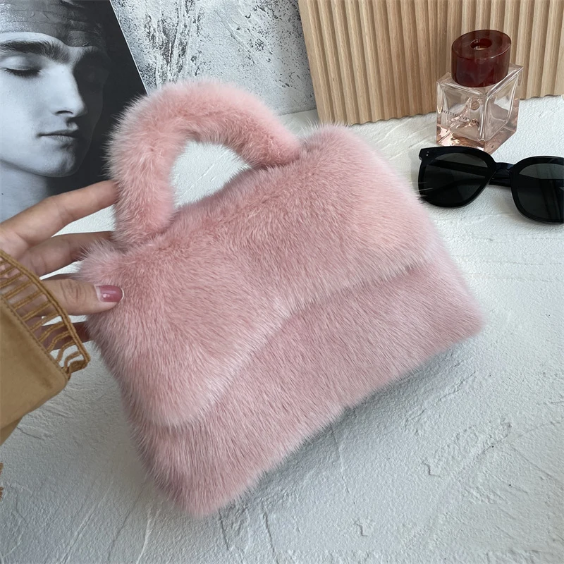 Female Mink Leather Solid Color Plush Casual Lady Handbag Shoulder Fashion Exquisite Shopping Bag_voghion.com