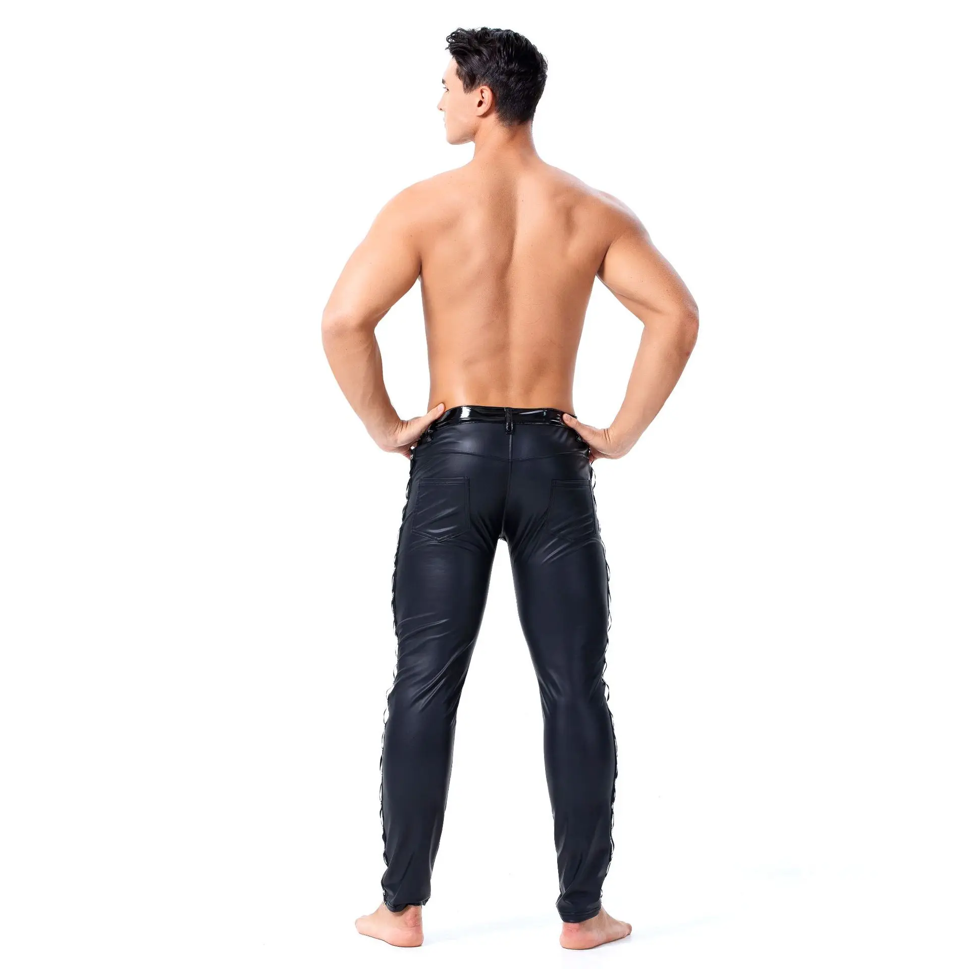 Description Picture 6 of itemS-XXL Brand Men Leather Rivet Pants Slim Fit Elastic Style Spring Summer Fashion PU Leather Trousers Motorcycle Pants Streetwear